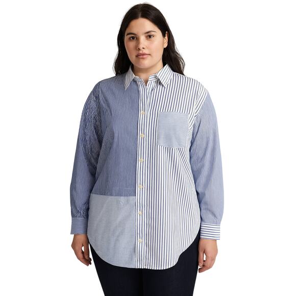 Lauren Ralph Lauren 1X Mixed-Stripe Button-Front Shirt, Blue/White - Picture 1 of 6